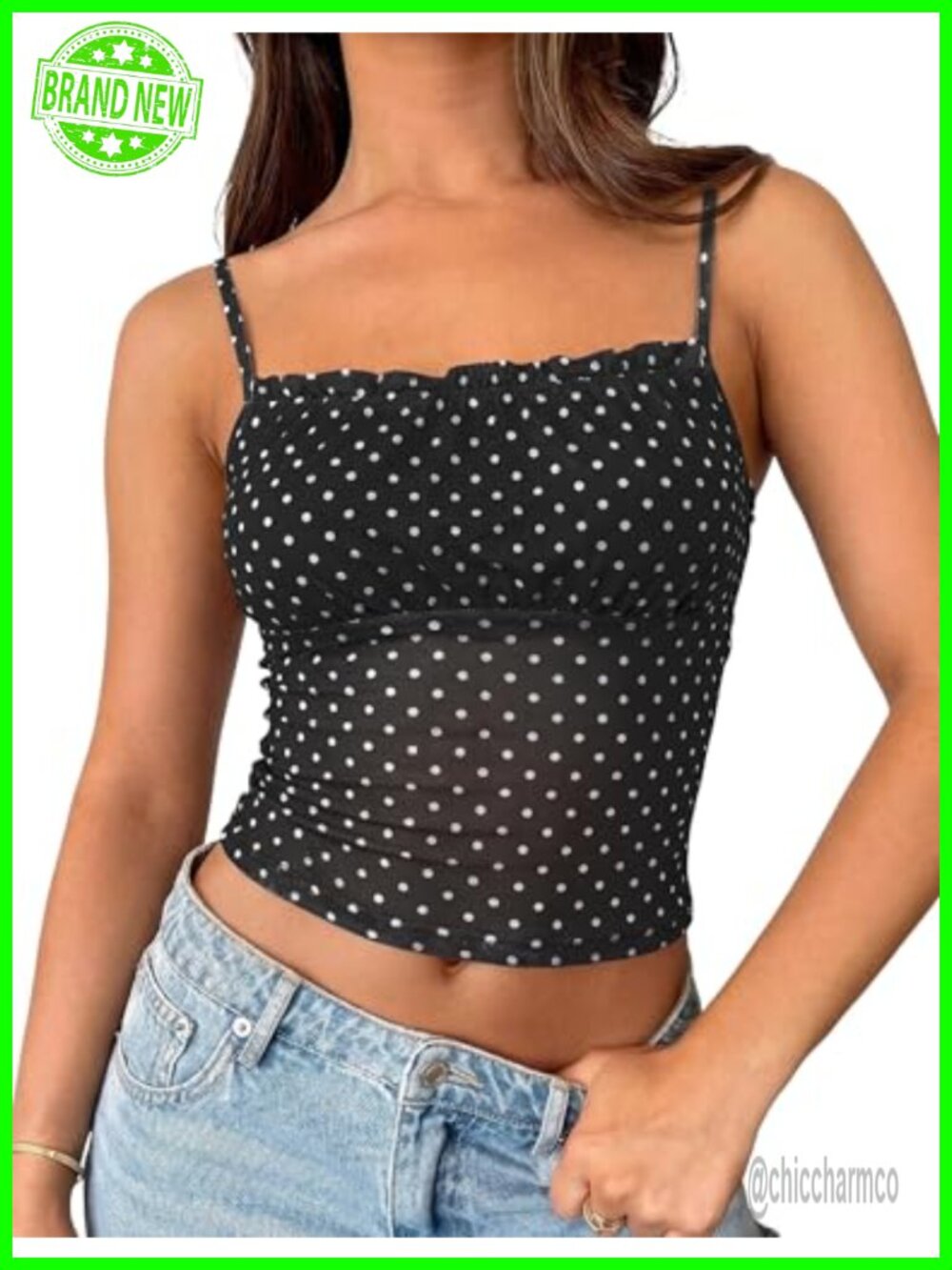 Mesh Polka Dot Tank Top Spaghetti Strap Corset Crop Top Y2K